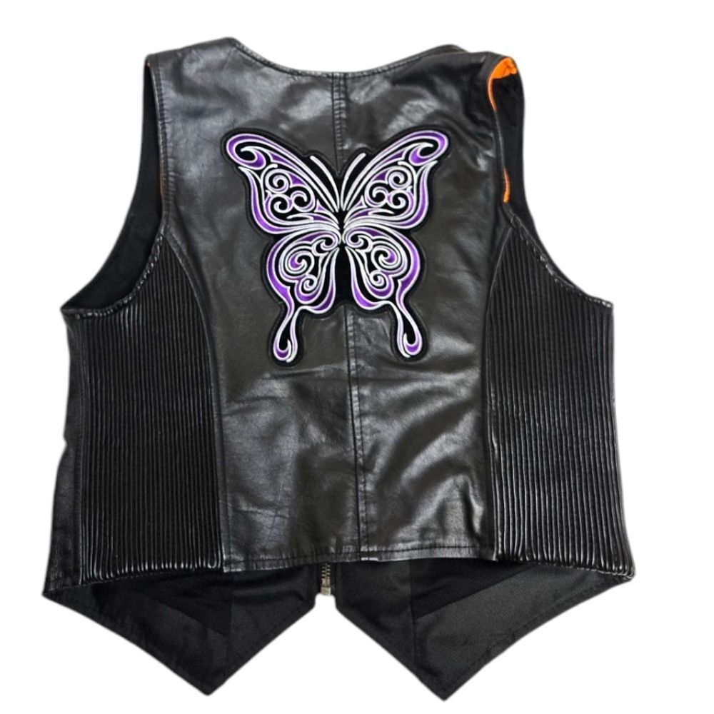 VANCEโLEATHERS black butterfly embroidered applique cropped motoโ vest M